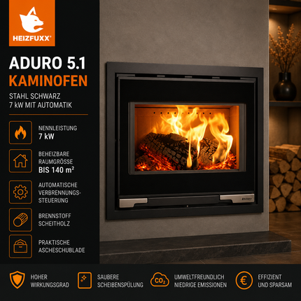 Aduro 5.1 Kaminofen Stahl Schwarz 7 kW mit Automatik