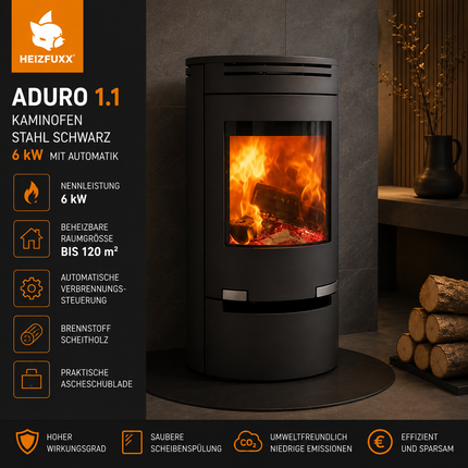 Aduro 1.1 Kaminofen Stahl Schwarz 6 kW mit Automatik