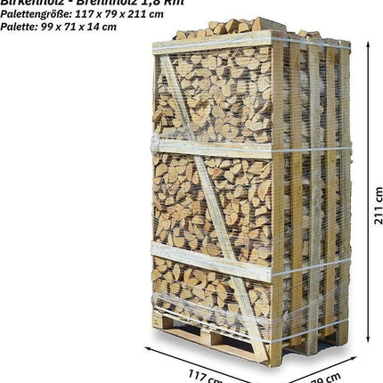 Brennholz Birke 25 cm – 1,8 Raummeter auf Palette, kammergetrocknet & ofenfertig