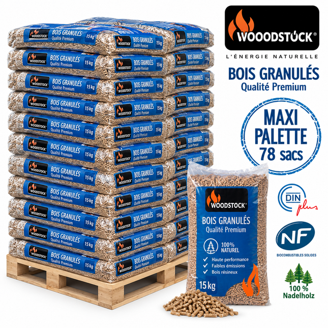 WOODSTOCK Holzpellets – 78-Sack-Palette – 100 % Nadelholz, DINplus & NF
