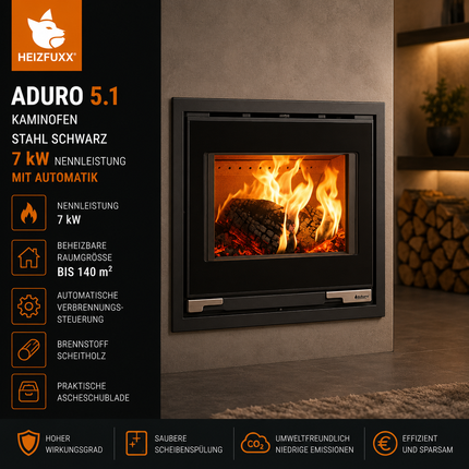Aduro 5.1 Kaminofen Stahl Schwarz 7 kW mit Automatik