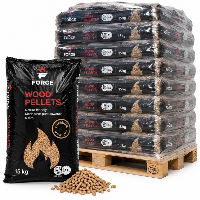 Forge Premium Holzpellets – 84 × 15 kg Palette (1260 kg) – 100 % Nadelholz, ENplus A1